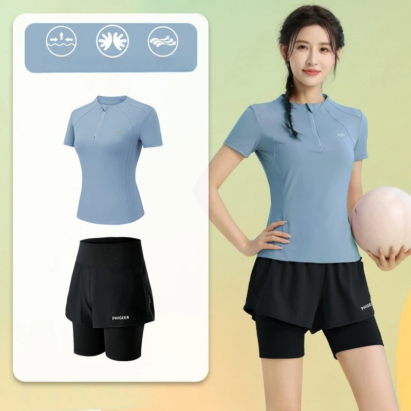Summer Women's 2 PCS Running Suits Short Sleeve Half Zip Top Pleated Skort Quick Dry Workout Gym Fitness Sports Training Gear