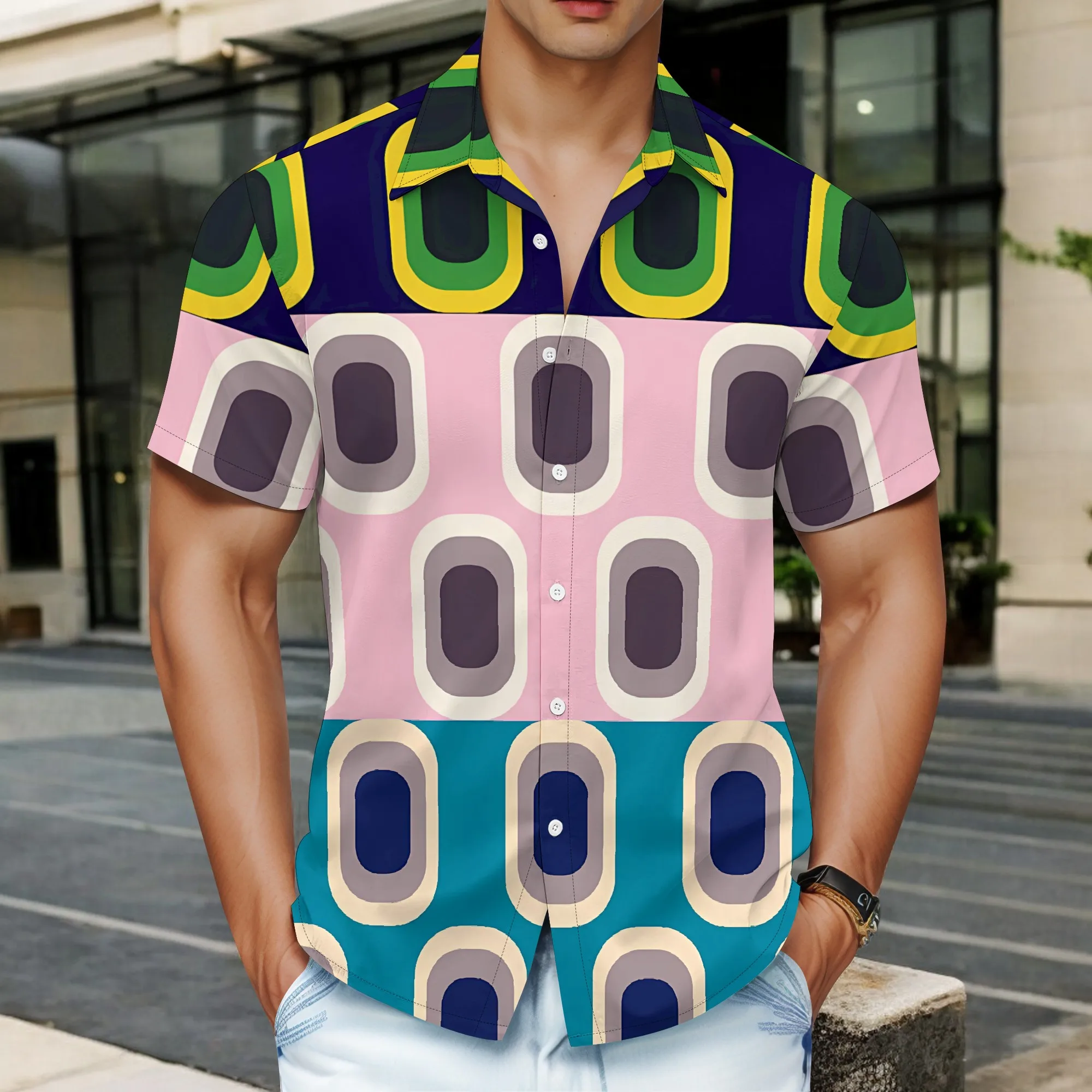 

YEAE Colorful Geometric Oval Print Shirt for Men Summer Casual Short Sleeve Top