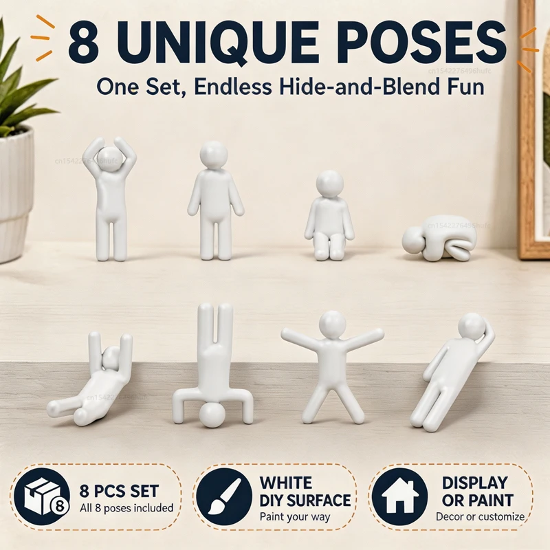 8Pcs 3D Printed Unpainted White Mini Human Figurines Set, DIY Custom Craft Statues Hide & Blend Ornament for Office Desk Decor