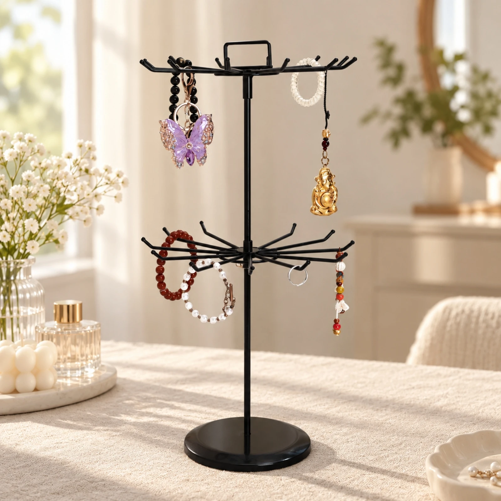 Rotating Jewelry Organizer Stand Metal Rotating Jewelry Rack Earring Holder Organizer Space-Saving Keychain Display Stand Sturdy