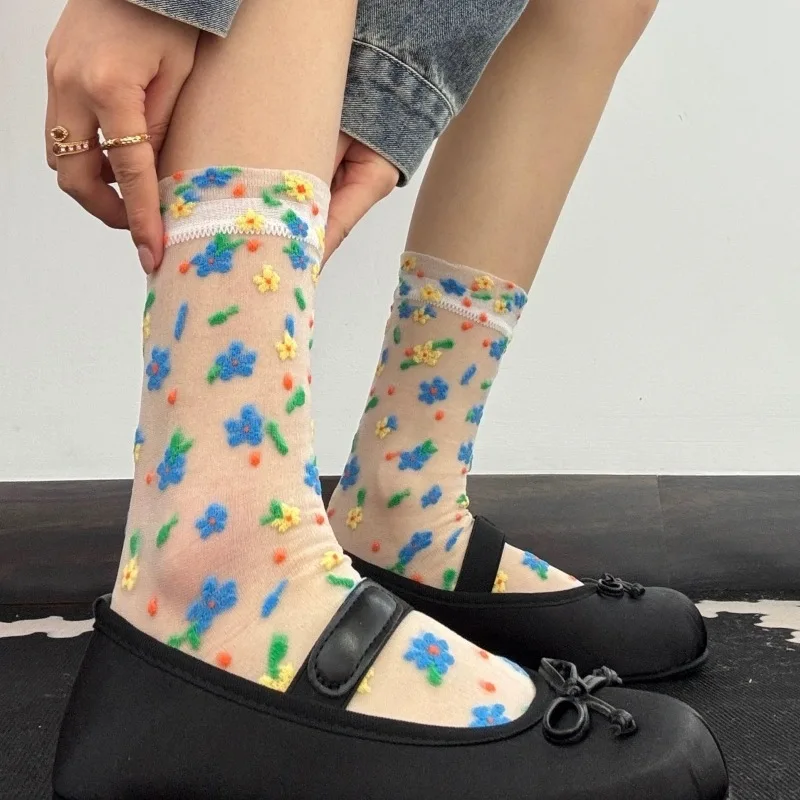 Summer Fairy Glass Silk Sheer Socks for Girl Princess Style Breathable Transparent Calf Sock Versatile Thin Sock for Women