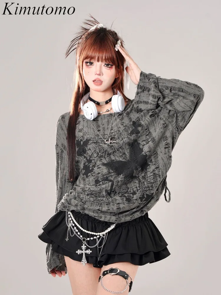

Kimutomo Women T Shirts Drawstring Hole Long Sleeve Loose Sexy Sweet Tops Butterfly Y2k Harajuku Fashion Ladies Autumn Tee Shirt