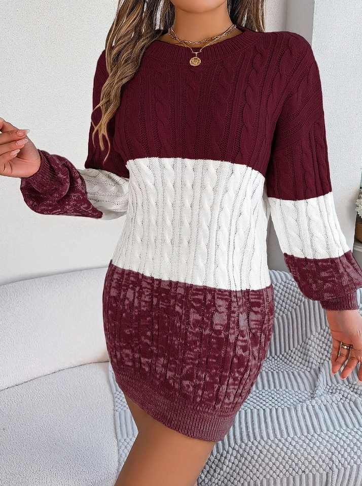 Sexy Elegant Dresses for Women Casual Color Matching Fried Dough Twists Lantern Sleeve Wool Dress 2025 Autumn Winter New Fashion