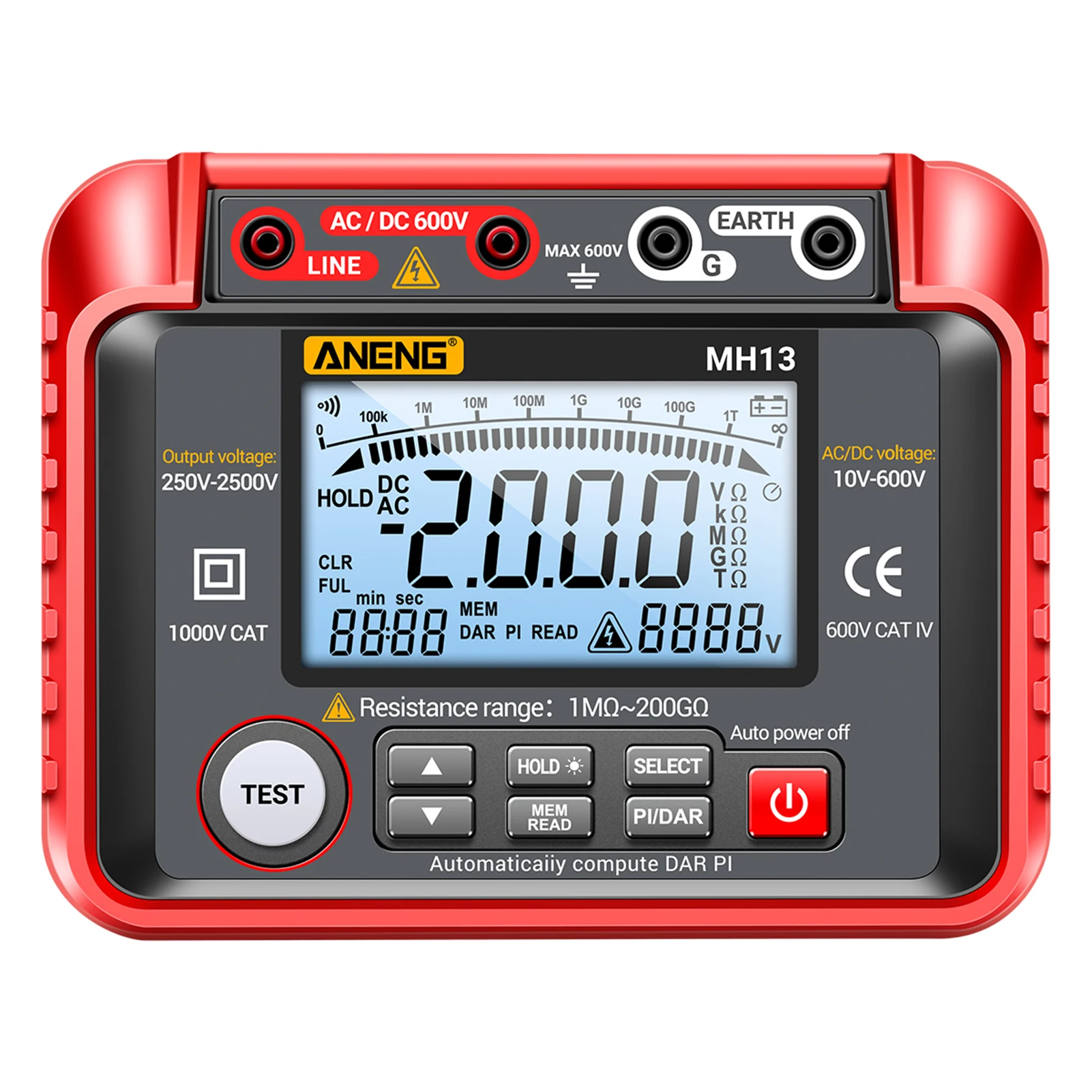 

250V-2500V Digital Insulation Resistance Tester 1MΩ-200GΩ Megohm Testing Meter Auto Range 2000 Counts LCD Display