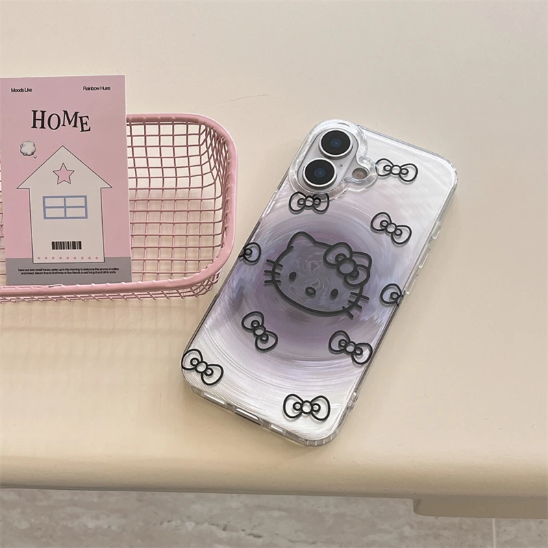 

Hello Kitty Sanrio Swirling Purple Phone Case For iPhone 16 15 14 13 Pro Max Case Luxury Cartoon Shockproof Cover Feather