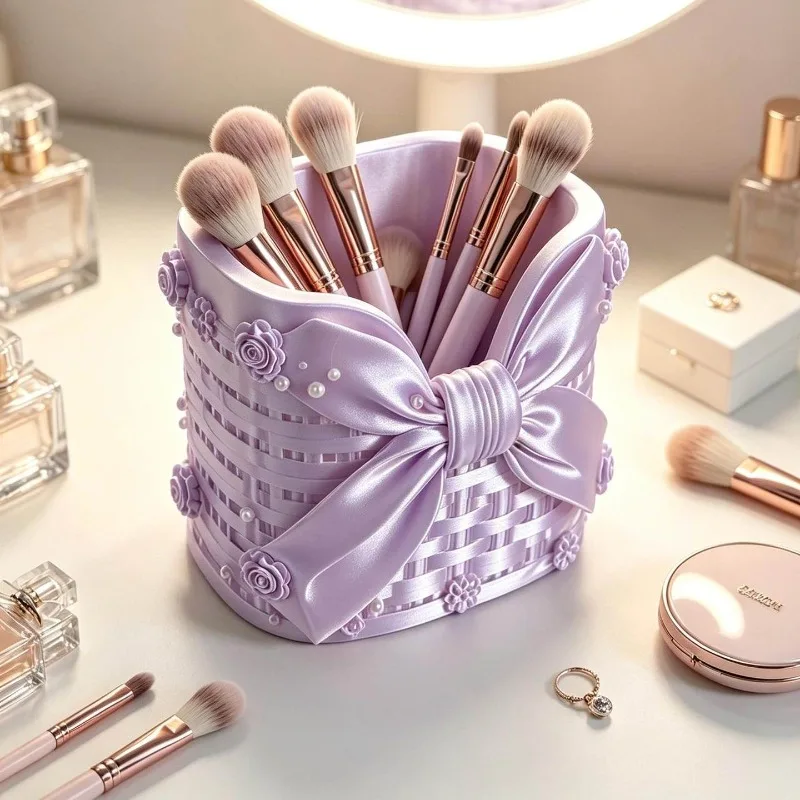 3D Printed Ribbon Flower Basket Makeup Brush Holder, Creative Home Decor Ornaments, Desktop Organizer Photo Props for Her Gifts.