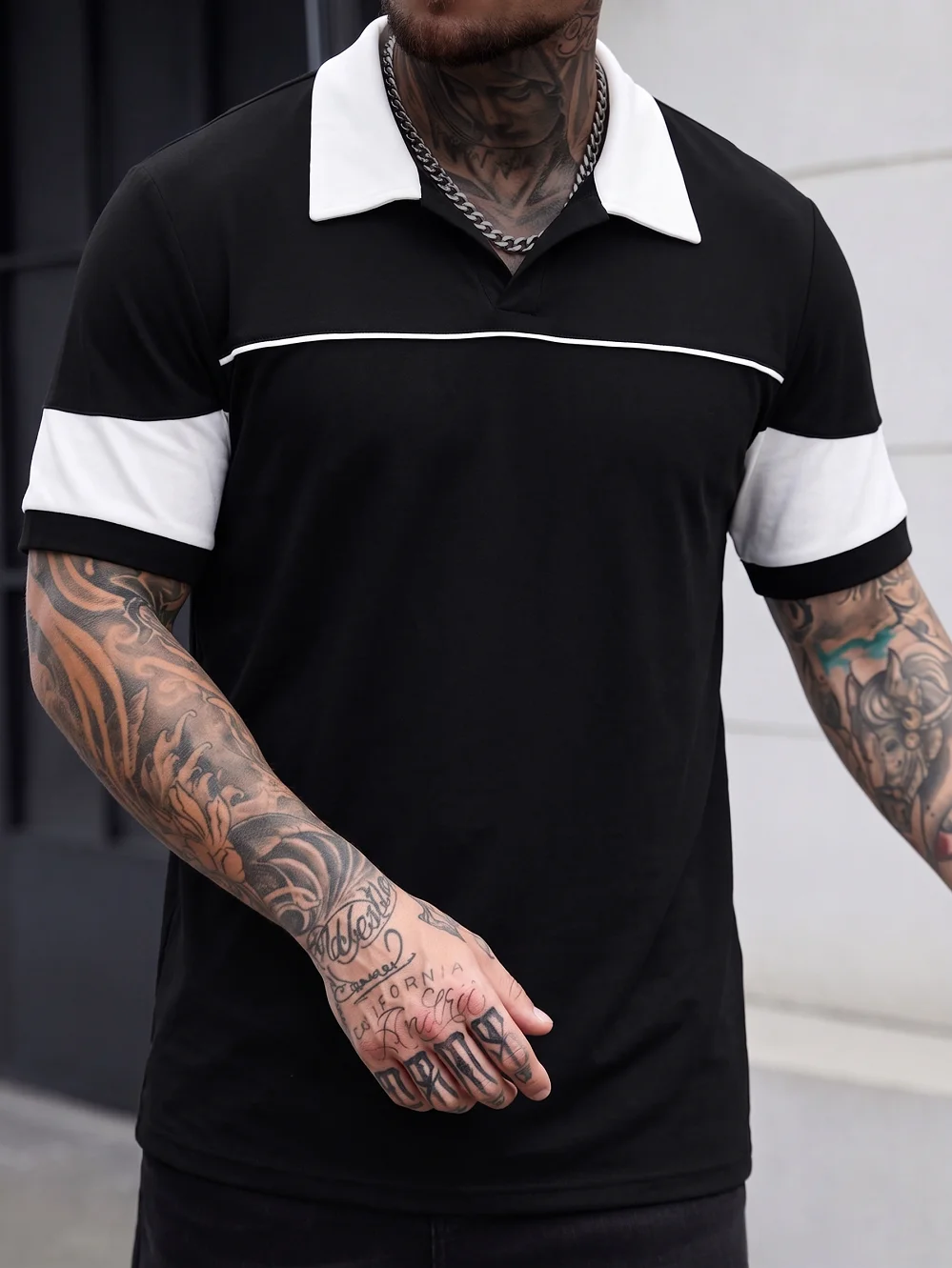 Men's Contrast Color Polo Shirt Summer Casual Short Sleeve  V-Neck Slim Fit Tops Streetwear Vintage Striped Patchwork Tee
