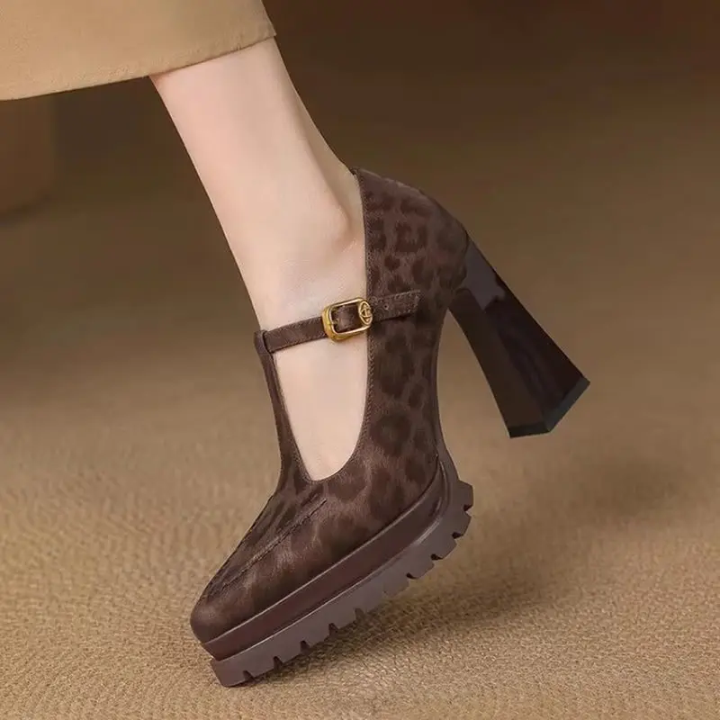 أحذية عالية الكعب واحدة موضة جديدة أشار تو الجلد المدبوغ زلة حزام منصة أحذية كعب كتلة عدم الانزلاق #5