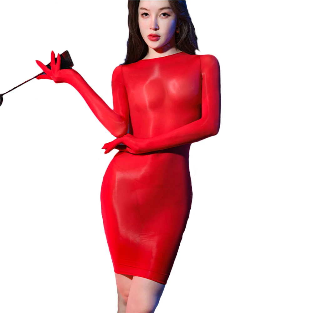 Sexy Frauen Öl glänzend glänzend Micro Mini kleid Fice Handschuh Bodycon Strumpfhosen Kleider schiere durch elastische Bleistift kleid sehen