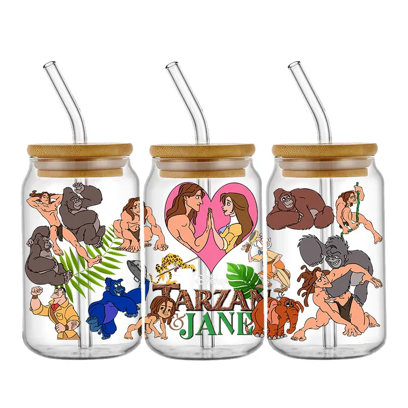 Disney Tarzan & Jane 16OZ UV DTF Cup Wraps Transfer Sticker For Glass Libbey Can Bottle Selfadhesive Washable DIY Custom