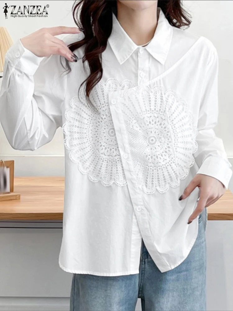 

ZANZEA Fashion Lace Patchwork Shirts Solid Casual Loose Autumn Blusus 2025 Women Long Sleeve Tops Irregular Buttons Tunics S-3XL