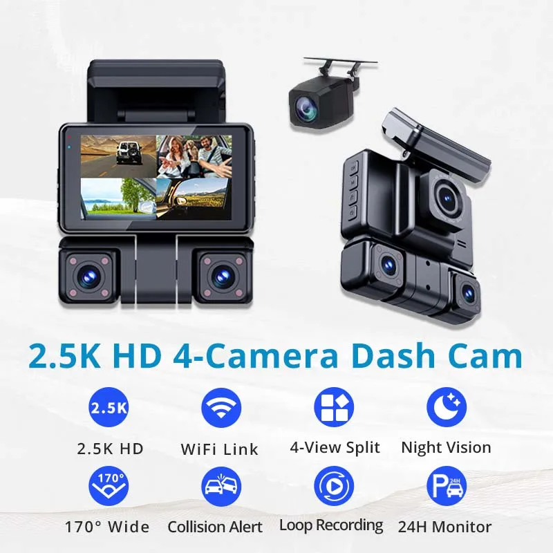 2026 Newest Car Dash Camera 4 Lens 2.5K+1K*3 Car Digital Video Recorder Wifi APP DashCam 3inch IPS Display Utra HD Car Cameras