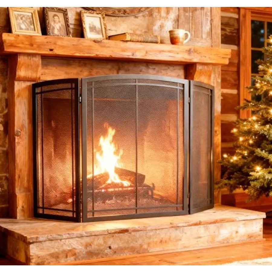 

FireBeauty Fireplace Screen 3 Panel Wrought Iron Black Metal 48" L x30(H) Spark Guard Cover (Modern)
