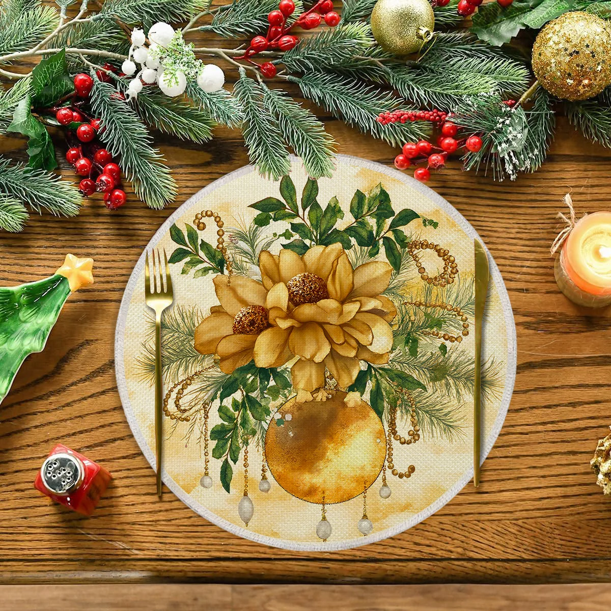 

35.5cm Christmas Placemat for Table Golden Snowman Santa Claus Print Insulating Mat for Family Dining Table Christmas Decoration