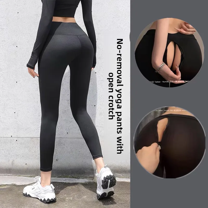 Outdoor Women's Yoga Pants Zipper Crotch Full Open Tight Base Layer Hollow out Butt Fitn Pants Polyester Fiber Nine Points