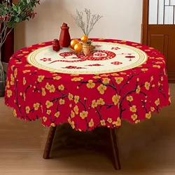 1 Piece of Year of the Snake Spring Festival Red Round Tablecloth, 5 Sizes Available, Chinese Valentine's Day Red Plum Blossom Printed Square Tablecloth, Edge Embossing Process, Spring Festival Kitchen Tablecloth Decoration, Tablecloth for Home Kitchen during the Spring Festival, Terrace, Chinese Wedding Decoration Gift