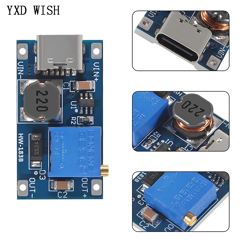 100pcs MT3608 DC-DC TYPE-C Micro Adjustable Boost Module 2A DC DC Power Step Up Converter Module 2V-24V To 5V 9V 12V 28V