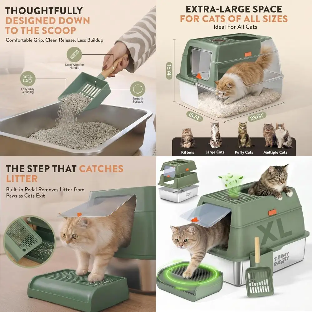 

Большой лоток для кошек из нержавеющей стали с совком - прочный, без запаха, с антипригарным покрытием, подходит для крупных кошек (60x40 см)