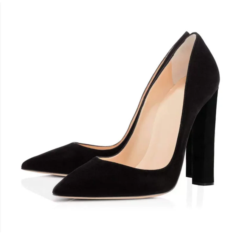 

Plus Size 45 Pointy Toe Women Chunky Heels Pumps Black Patent Leather Suede Slip On Female Square Heels Evening Bride Shoes