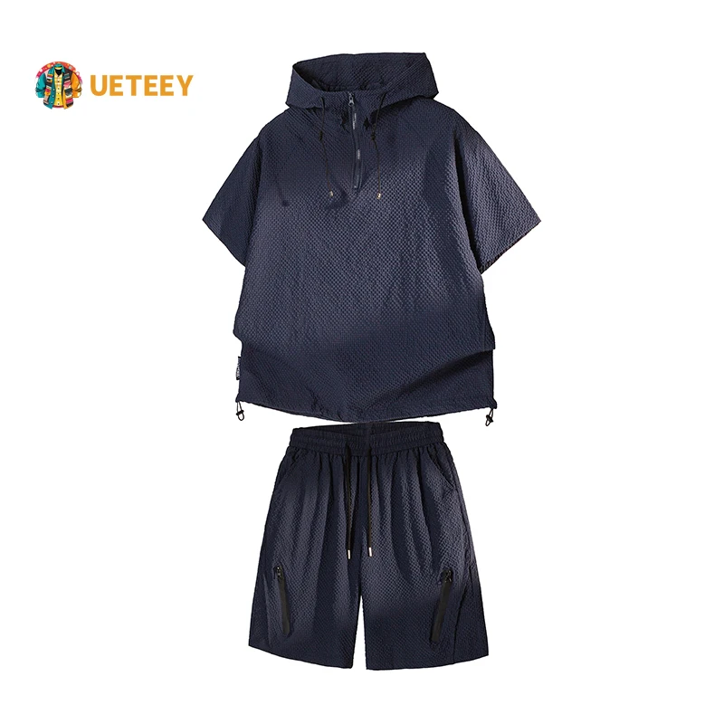 

UETEEY Men's Two-Piece Sets Short Sleeve Hooded Tracksuit Summer Pullover Hoodies Shorts Men Casual Loose Sunscreen Set Man