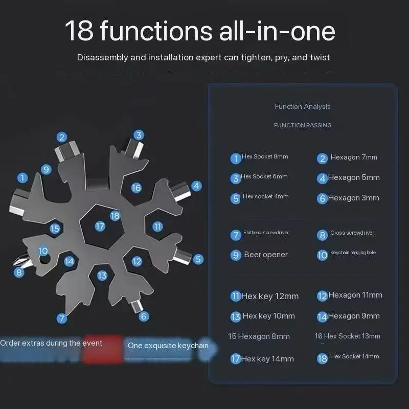 متعددة الوظائف ندفة الثلج وجع المفاتيح المحمولة سداسية سميكة الكربون الصلب مثمنة أداة مفتاح ربط صغيرة عالمية