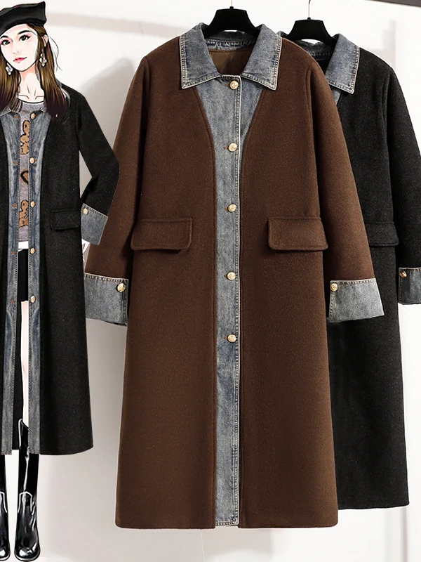Authentic Small Fragrance Style Woolen Coat Long Elegant Cowl Neck Wrap Casual Streetwear Polyester Wool Blend Thick Winter O...