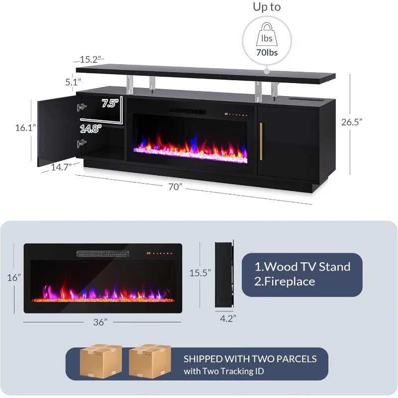 BELLEZE TV Stand, LED Light Entertainment Center Electric Fireplace Heater, Storage Cabinet with USB AC Outlet- Avenue