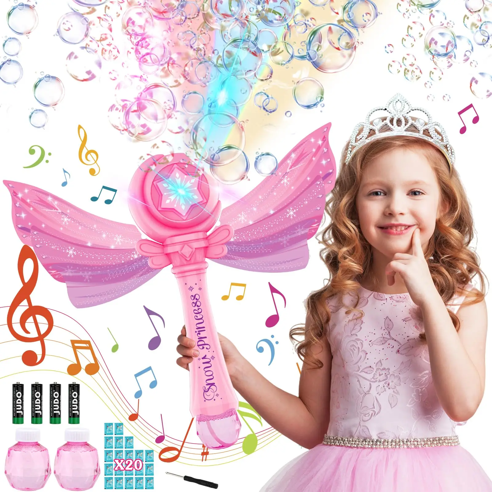 Varita de burbujas Snow Princess con luces LED y música, 2 modos, a prueba de fugas, perfecta para fiestas infantiles, diversión al aire libre y regalos