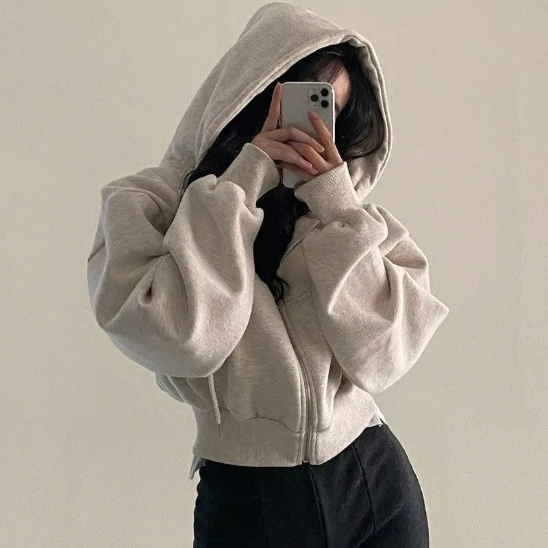 Women Fleece Lined Zip Up Hoodie Loose Long Sleeve Cropped Top Korean Style Casual Sweat