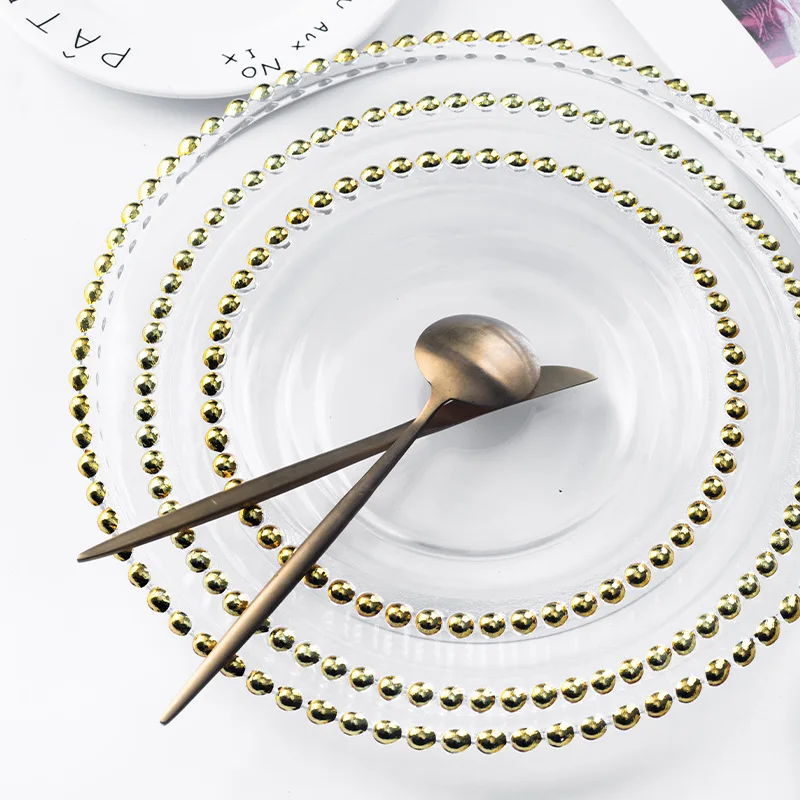 

Европейский набор стеклянных тарелок, позолоченные бисерные блюдо для ресторана в западном стиле, блюдо для стейка, домашний рабочий стол, завтрак, хлеб, кухонная посуда