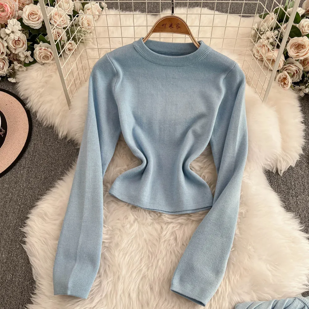 Chic Women Two-Piece Sets Knit Long Sleeve O-neck Loose Top and High Waist Split Wide Leg Pants Korean Slim Casual Clothing