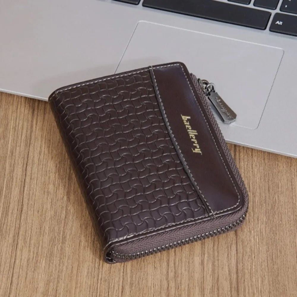 

Leather Men's Short Wallet Zipper Card Bag Urban Recreational Style Male Leather Purse English Letter Credit Card Case