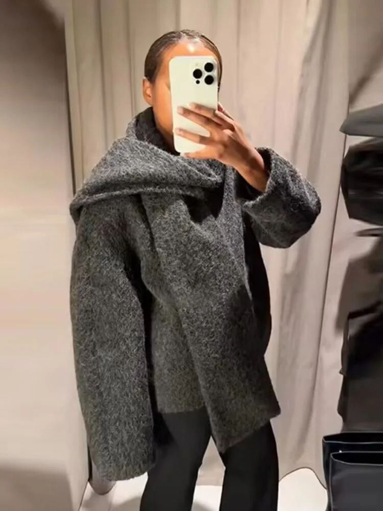 

HH Women Elegant Scarf Collar Single Breasted Long Sleeves Chic Casual Loose Short Coat Woman Autumn Fashion Street Style Coat