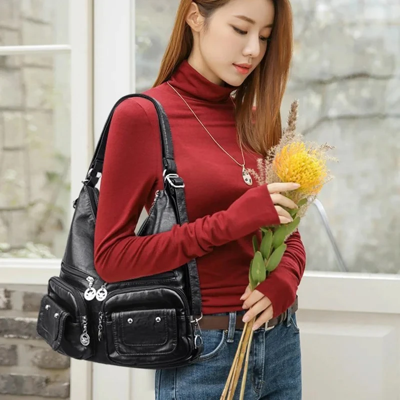 Female Multifunctional Handbag Casual Large Capacity Hobos Bag For Women Travel Shoulder Bags Totes PU Leather Crossbody Bag