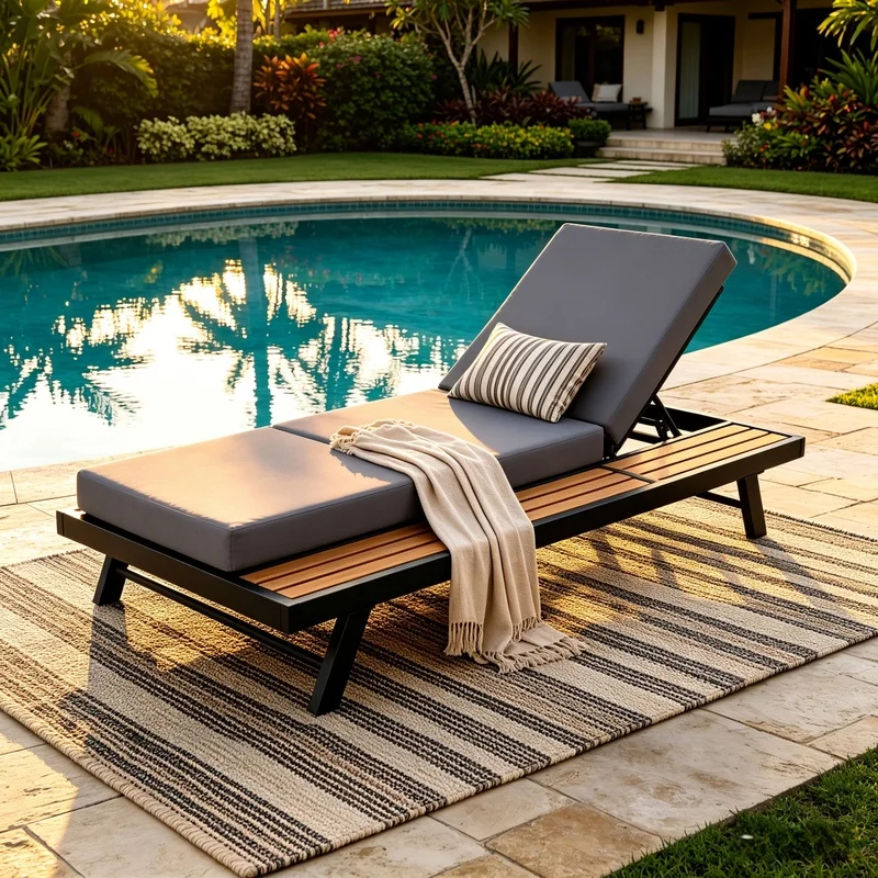 

Black Iron Teak Finish Chaise Lounge Set, Dark Grey Cushion, 400 lbs Capacity, 4" Thick Water-Resistant Cushion, Adjustable Backrest, Flat Storage Surface for Patio Poolside Yard