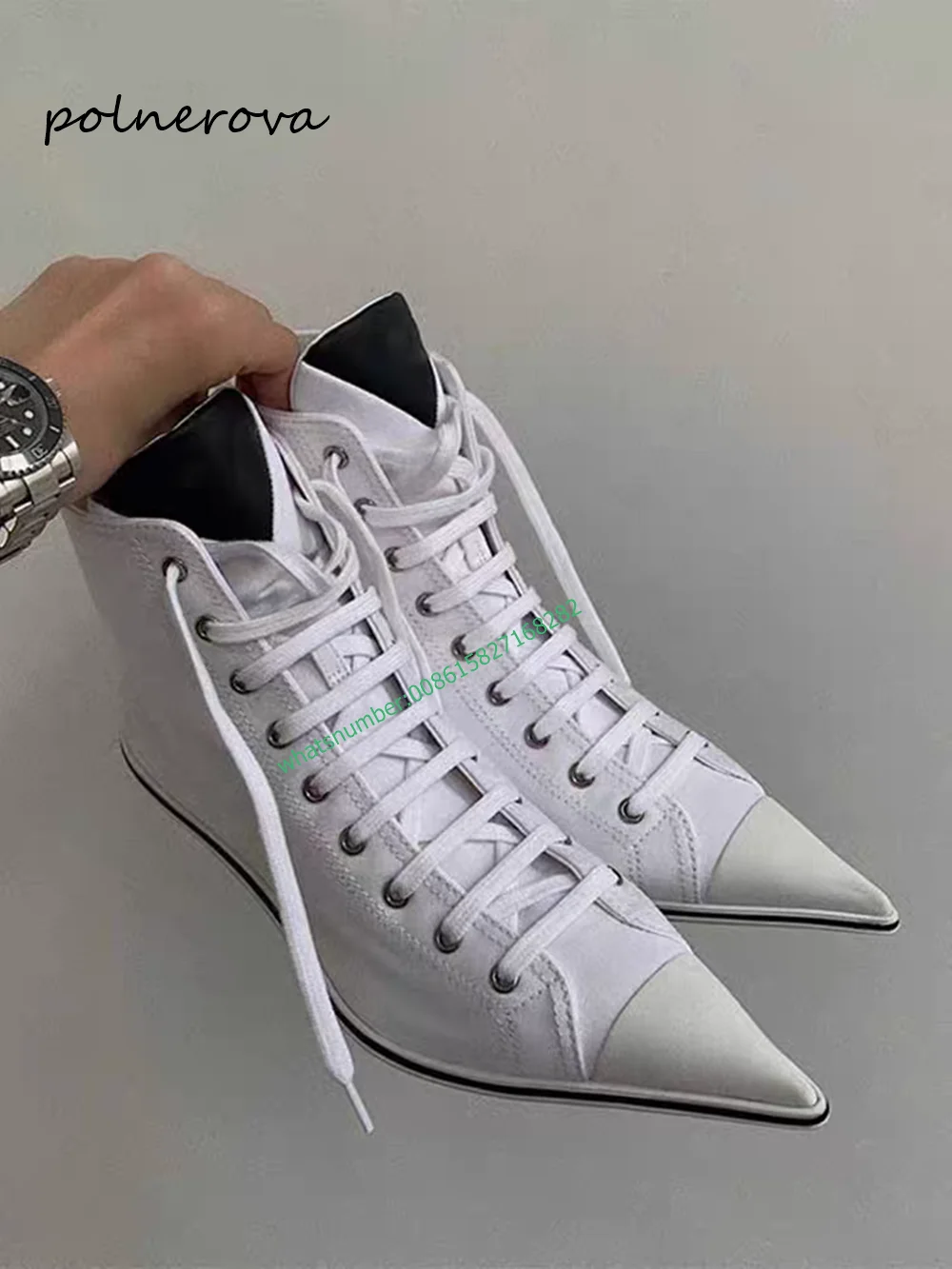 

Newest Lace-Up Canvas Ankle Boots Solid Pointy Toe Chunky Heel Boot Fashion Runway Party Shoe for Women 2024 Spring Leisure Sexy