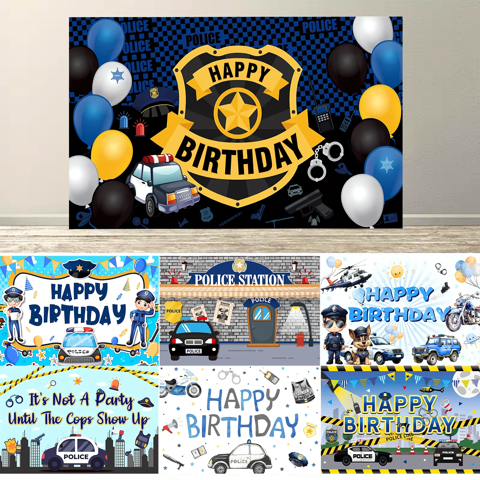 

Police Station Happy Birthday Party Decorations Car Party Decor Supplies Badge Banner Backdrop Wall Background Supplies Props