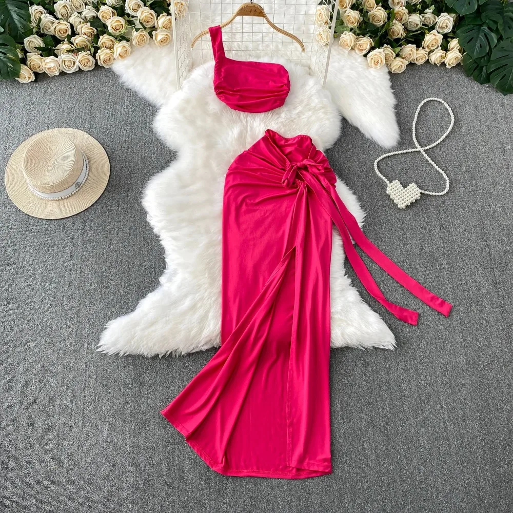 

Sexy Elegant split hollow out Slim Slip Dress Casual Beach Party Vintage Dresses Women Summer Fashion Clothing Two Piece Set