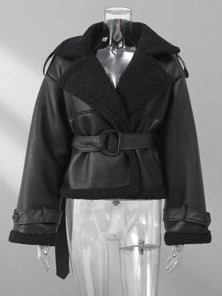 EAEOVNI – veste courte en cuir noir pour femme, Patchwork de fourrure, Streetwear, mode, col à revers, ceinture, manteau froncé à la taille, nouvelle collection hiver