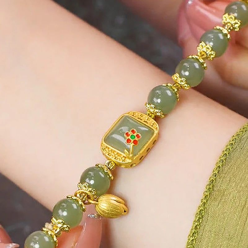 Pulsera con colgante de loto de Jade hetiano de imitación de estilo chino para mujer, brazalete con cuentas Vintage, joyería de lujo ligera, regalos