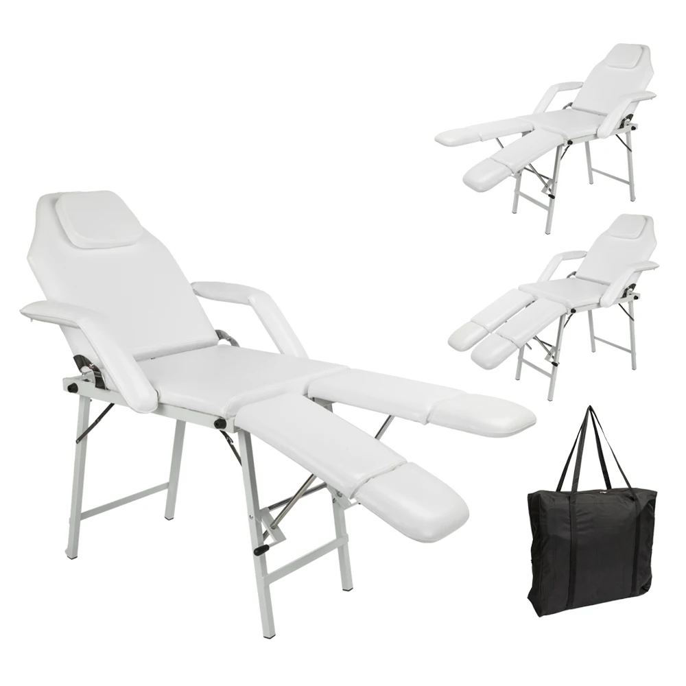 75" Adjustable Folding Beauty Bed  Salon SPA Pedicure Massage Tattoo Therapy Bed Split Leg Chair Beauty Equipment White with Bag