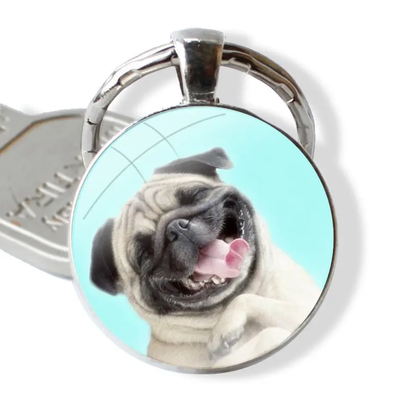 Cute Black Pug Dog Keychain Glass Cabochon Metal Pendant Classic Men\'s Women\'s Keyring