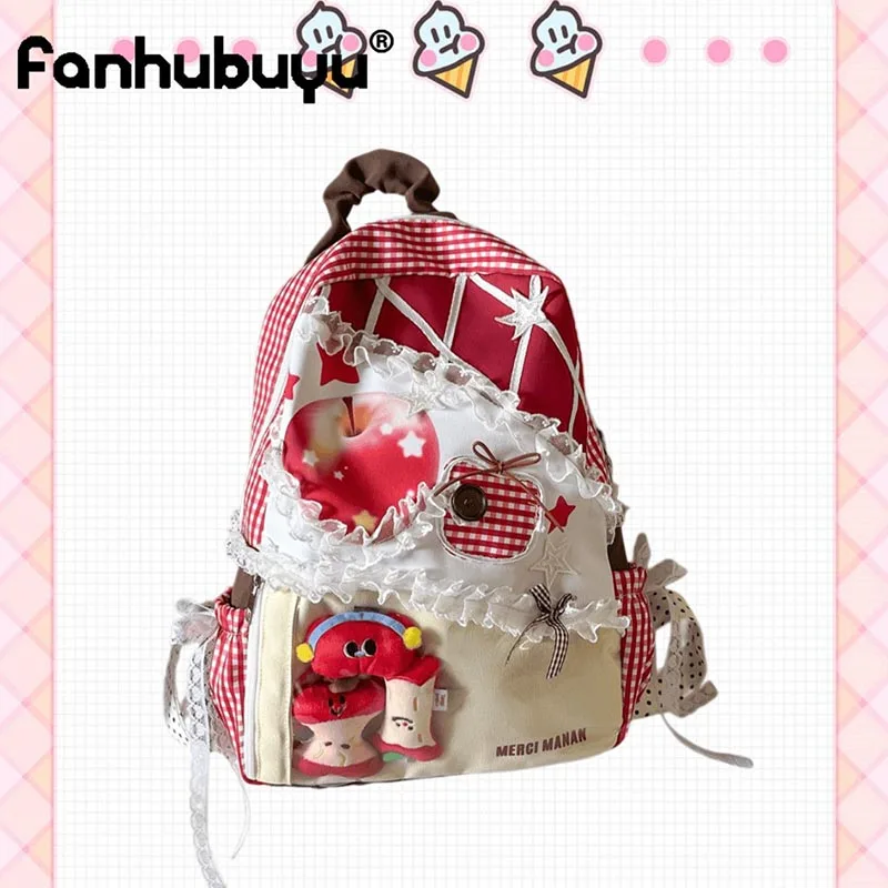 Ita Bag Y2K Sweet Lolita Backpack Cartoon Red Apple Gingham Lace Bow School Bag Clear Window Anime Pin Display Backpacks Daypack