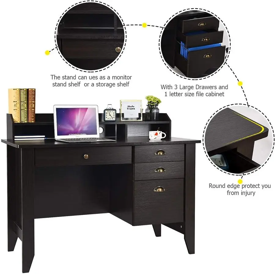 Home Office Desk with Drawers and Hutch, Small Computer Desk with File Drawers, Writing Study Teens Student Desk for Bedroom, St