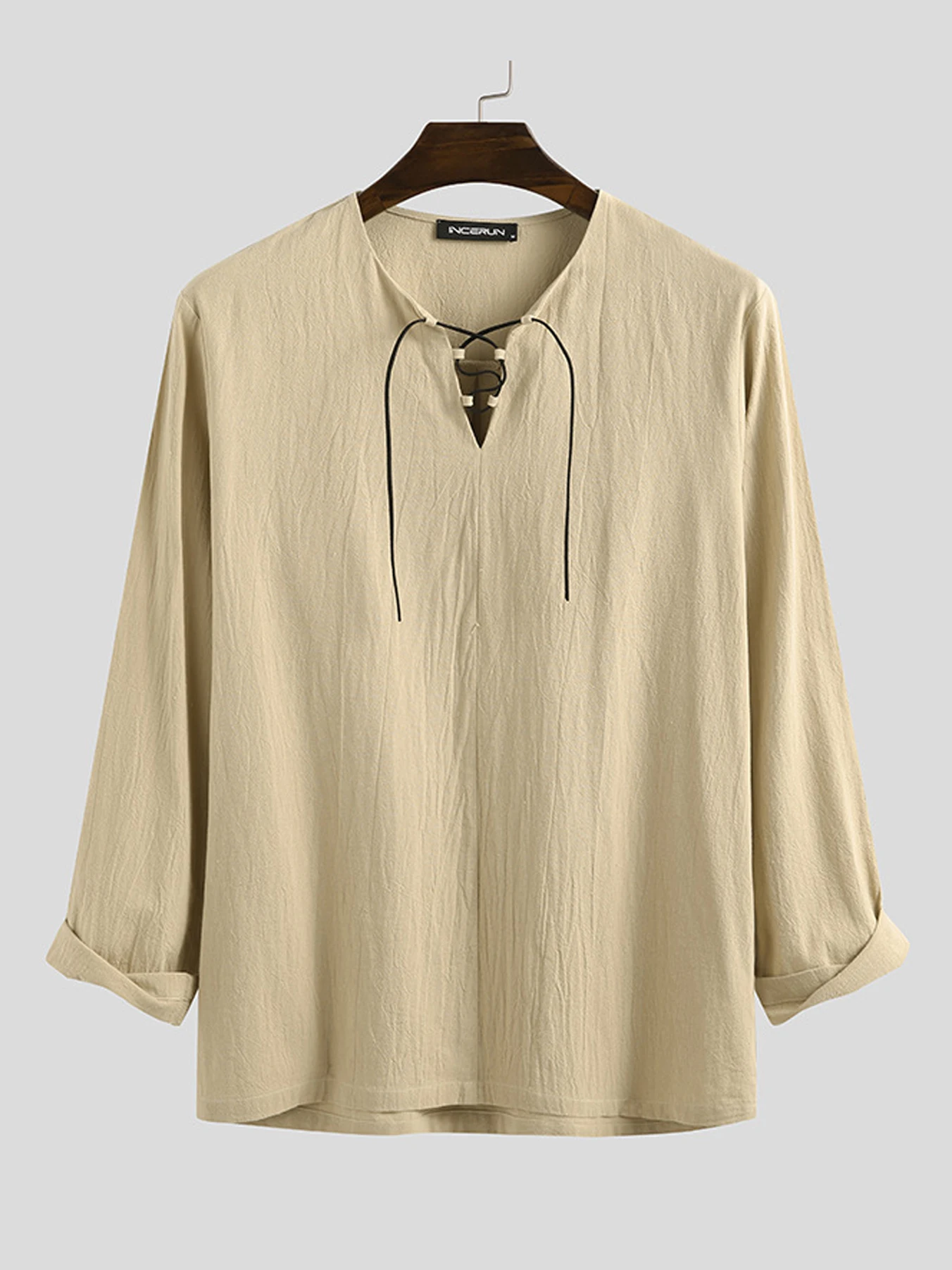 Men's Medieval Pirate Shirt - Historical Renaissance Faire Costume with V-Neck, Lace-Up Collar & Adjustable Drawstring