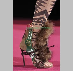 Lady Cowboy Style Fur Peep Toe Pumps Footwear Lace-Up Cut-Out Open Toe Back Zip Lace-Up Brown Cowboy High Heels Fall Size 35-45