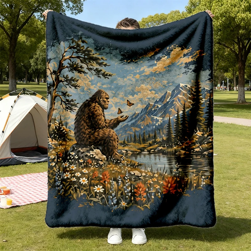 Vintage Bigfoot Flannel Blanket, Sasquatch Butterfly Flannel Blanket, Cottagecore Forest Flannel Blanket