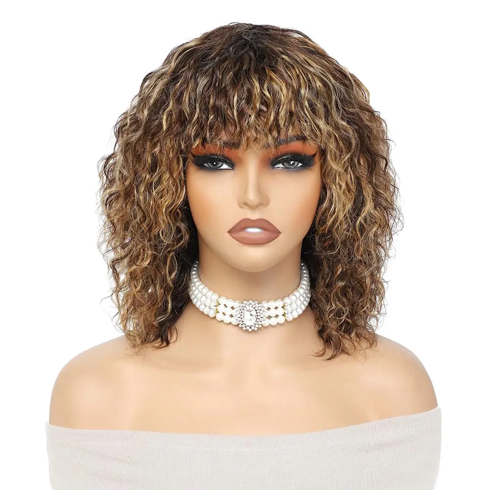 Onepart Human Wigs 200% Density Short Water Wave Wig With Bangs For Black Women 100% Brazilian Virgin Human Hair Wigs Machine