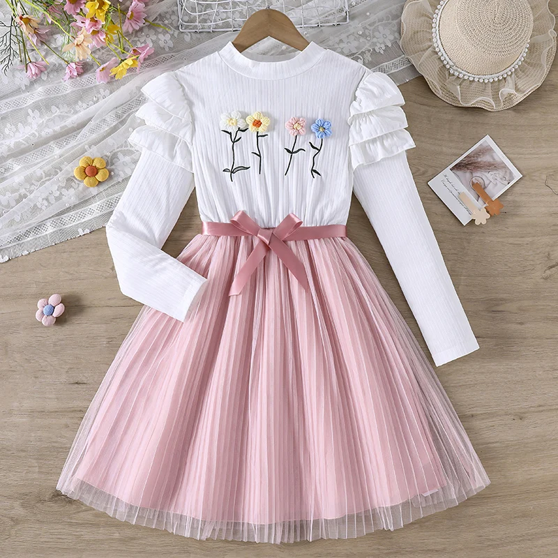 Big Girls Ribbed Top Tulle Dress, Tiered Ruffle Shoulder Long Sleeve Decor Flower Tie Waist Swing Spring Casual Outfit