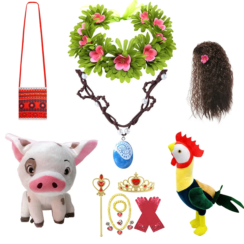 Parrucca e collana da principessa Moana per ragazze, set di vestiti con clip a fiori, accessori per costumi di Halloween Vaiana, giocattoli per maiale e gallo Moana